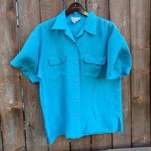 SilkLand Women’s Pure Silk Blue Teal Button Down Short Sleeve Shirt Size Large